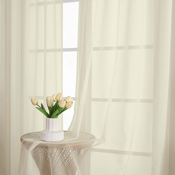 OWENIE Sheer Cream Curtains, Sheer Curtains 63 inch Length 2 Panels Set, Rod Pocket Voile Fimly Sheer Drapes for Living Room Bedroom, 2pcs, Cream, Each 59" W x 63" L