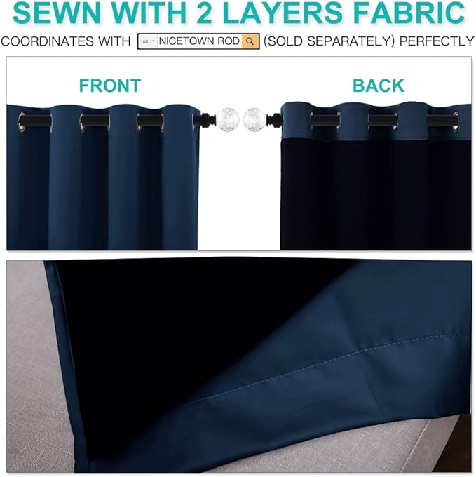 NICETOWN 100% Blackout Blinds, Laundry Room Decor Window Treatment Curtains, Thermal Insulated Energy Smart Drapes and Draperies for Villa, Hall and Studio, Navy Blue, Set of 2, 52 inches x 95 inches