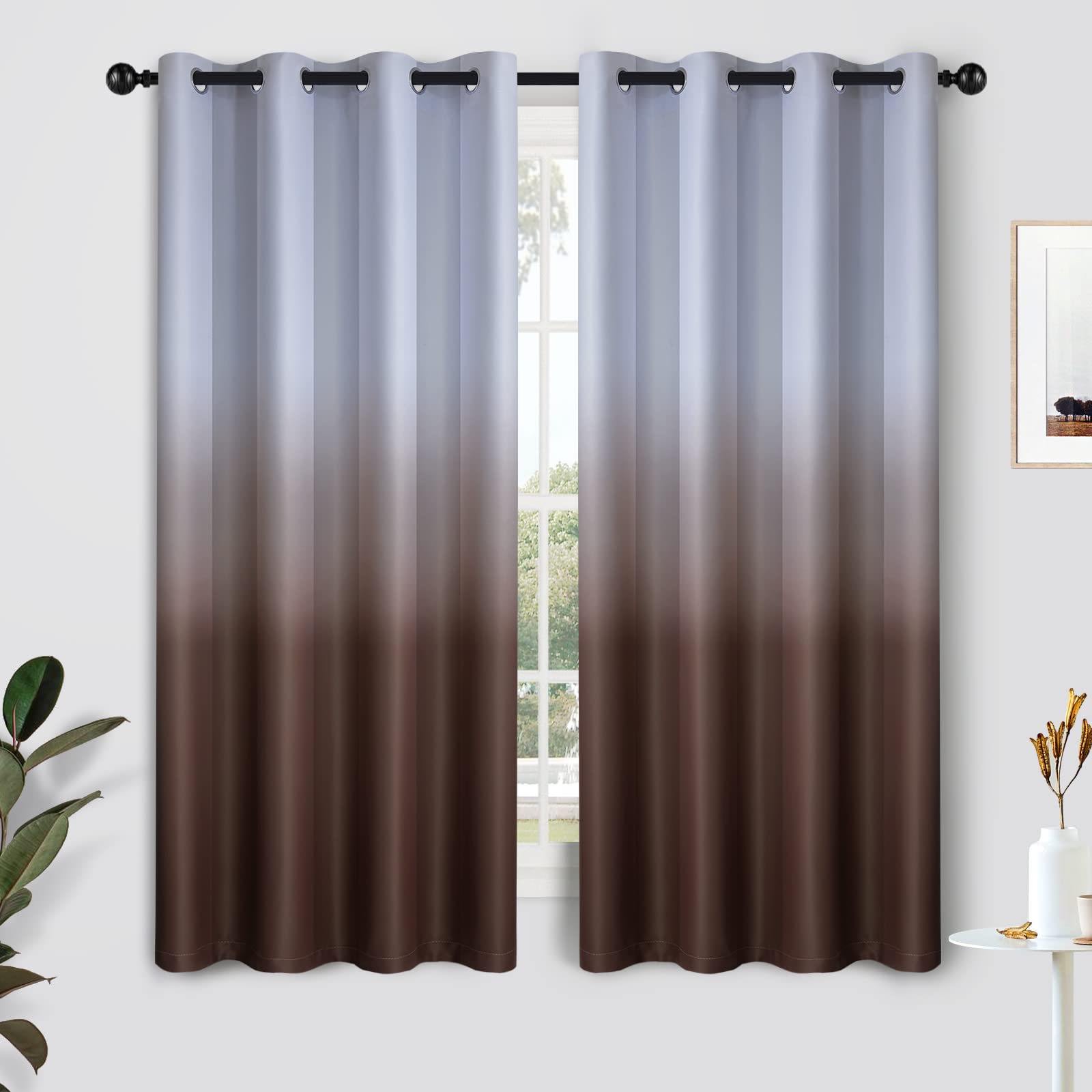 SimpleHome Ombre Gradient Brown White to Gray Curtains for Bedroom, 52Wx63L