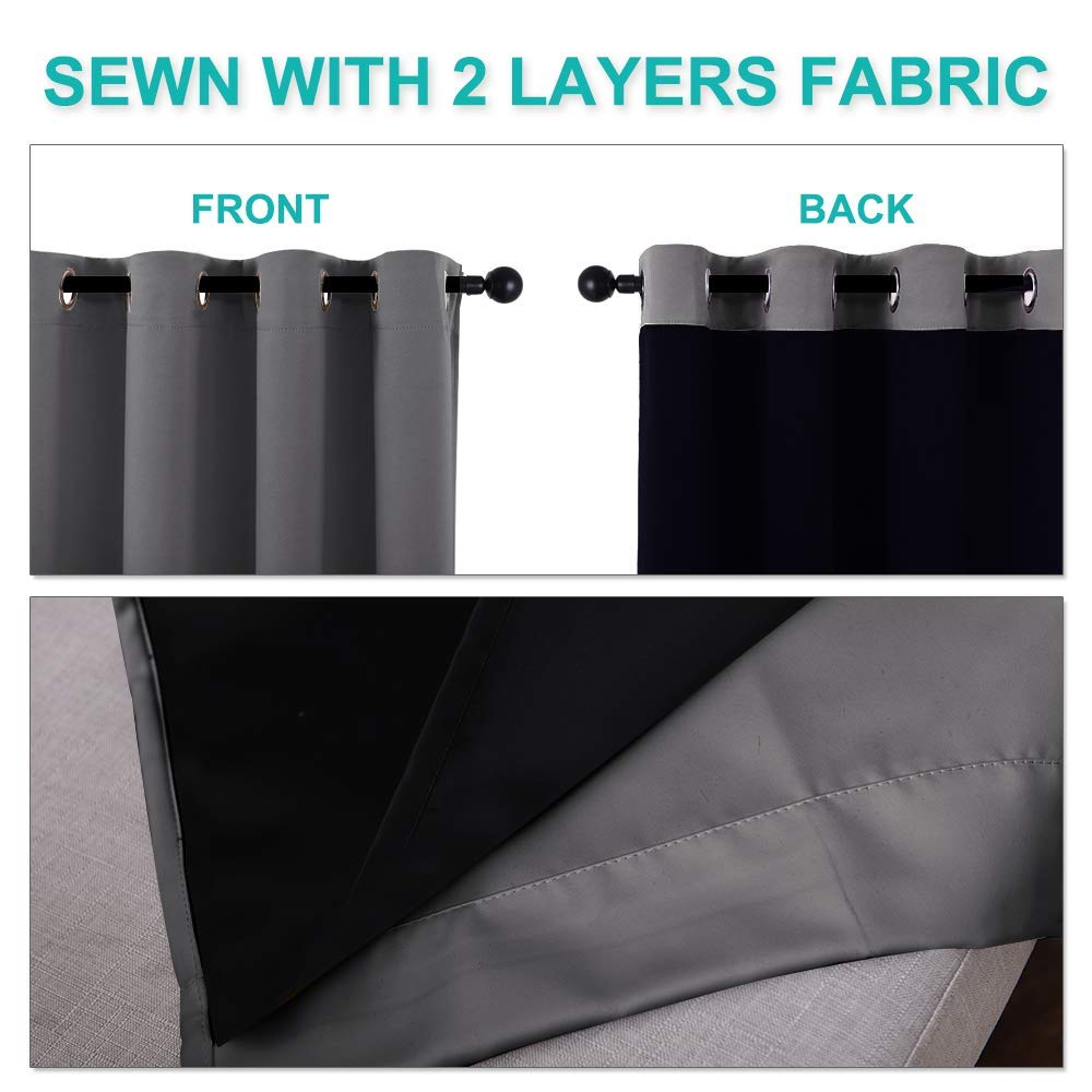 NICETOWN 100% Blackout Short Curtains with Black Liners, 2 Panels, 37" W by 50" L, Grey, Solid Thermal Insulated Full Blackout 2-Layer Lined Drapes, Energy Efficiency Window Draperies for Bedroom