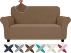 ZNSAYOTX Super Stretch Loveseat Covers (57"-70"), New Striped Love Seat Slipcover, Dogs Pet Friendly Anti-Slip Couch Protector Spandex Durable 2 Seater Fabric Sofa Cover (Light Coffee, Loveseat)