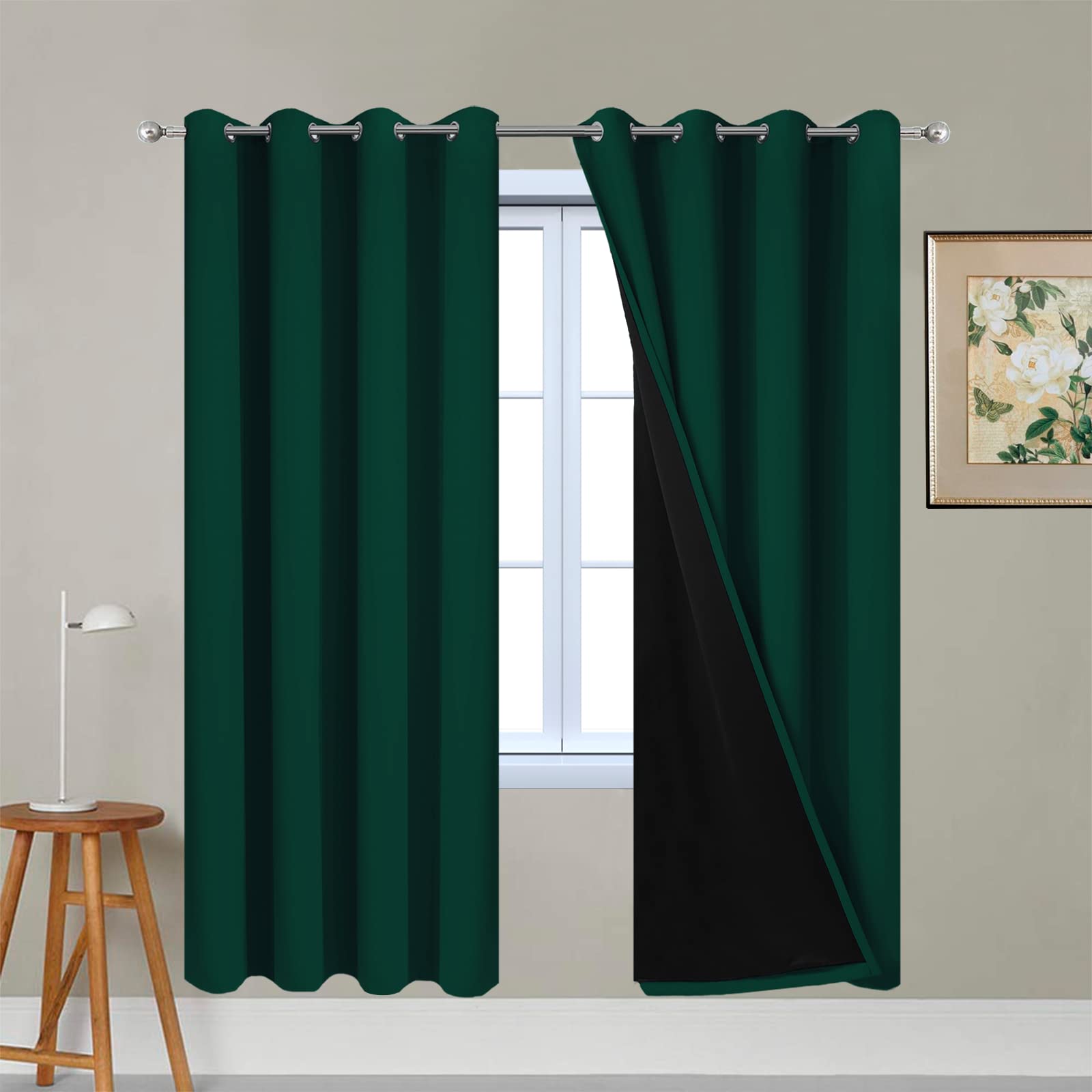 Yakamok Dark Green 100% Blackout Curtains 63 Inches Long 52" Wide 2 Panels
