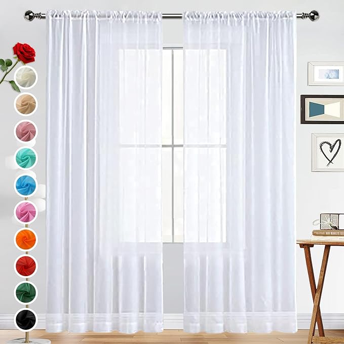 SpaceDresser Basic Rod Pocket Sheer Voile Window Curtain Liners White 2 Panels 42 Width 63 Inch Long for Kitchen Bedroom Children Living Room Yard（White，42Wx 63L）