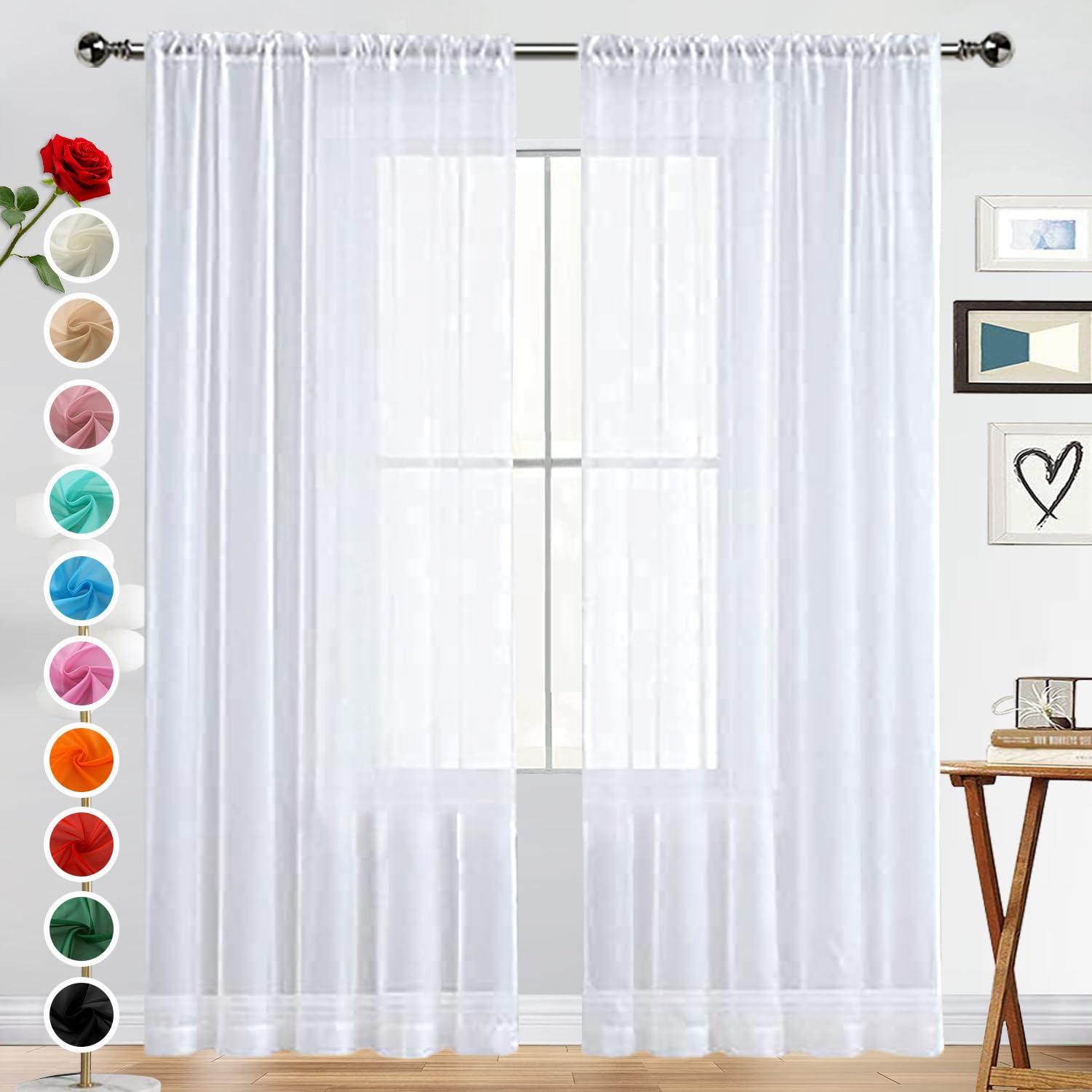 SpaceDresser Basic Rod Pocket Sheer Voile Window Curtain Panels White 1 Pair 2 Panels 42 Width 72 Inch Long for Kitchen Bedroom Children Living Room Yard(White,42 W x 72 L)