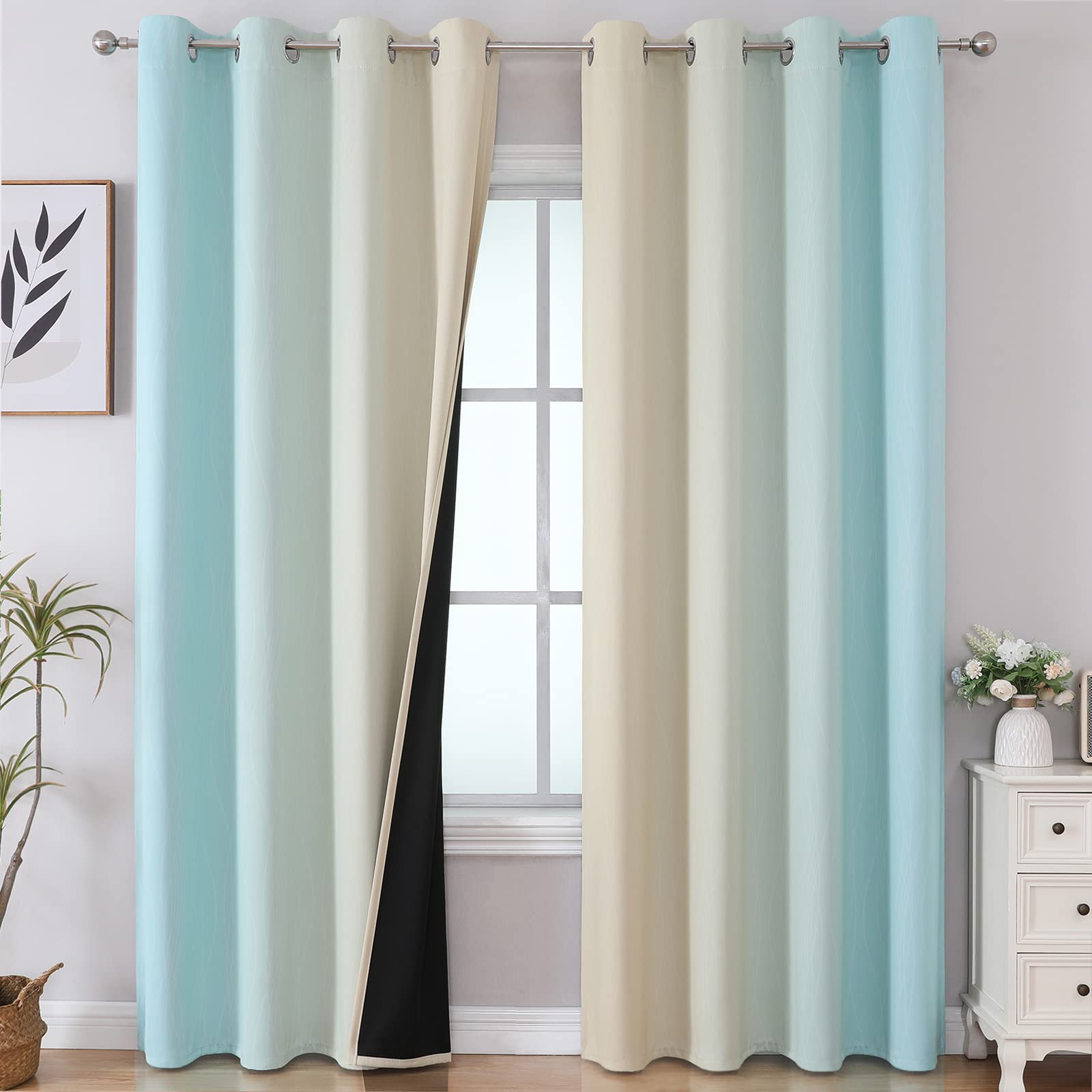 Estelar Textiler Aqua and Beige Ombre Blackout Bedroom Curtains 102 Inches