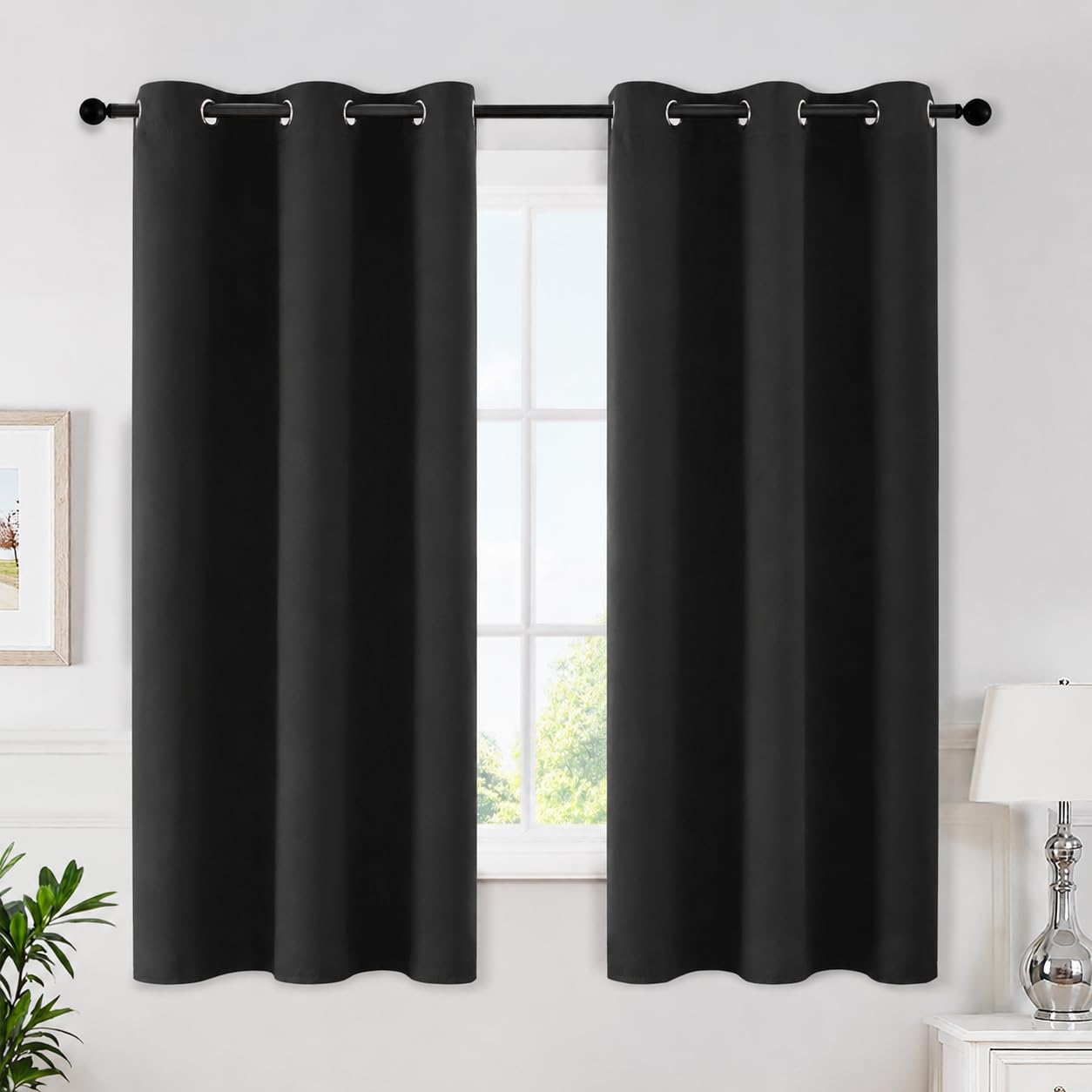 MIULEE Black Blackout Bedroom Curtains 63 Inch Long Light Blocking