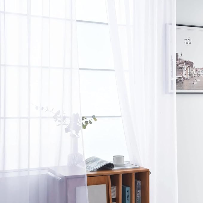 SpaceDresser Sheer Voile Window Treatment Rod Pocket Curtain Panels for Kitchen Bedroom Living Room Drapes Sunlight Filtering Privacy Semi Home Decor Assorted Colors Sizes (Optical White, 52 W x 90 L)