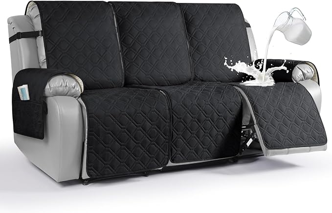 VANSOFY Waterproof Recliner Couch Covers, Sofa Covers 1-Piece Washable Reclining Sofa Cover Non-Slip Furniture Protector with Elastic Straps Pocket for Dogs, Pets(Black,3 Seater)