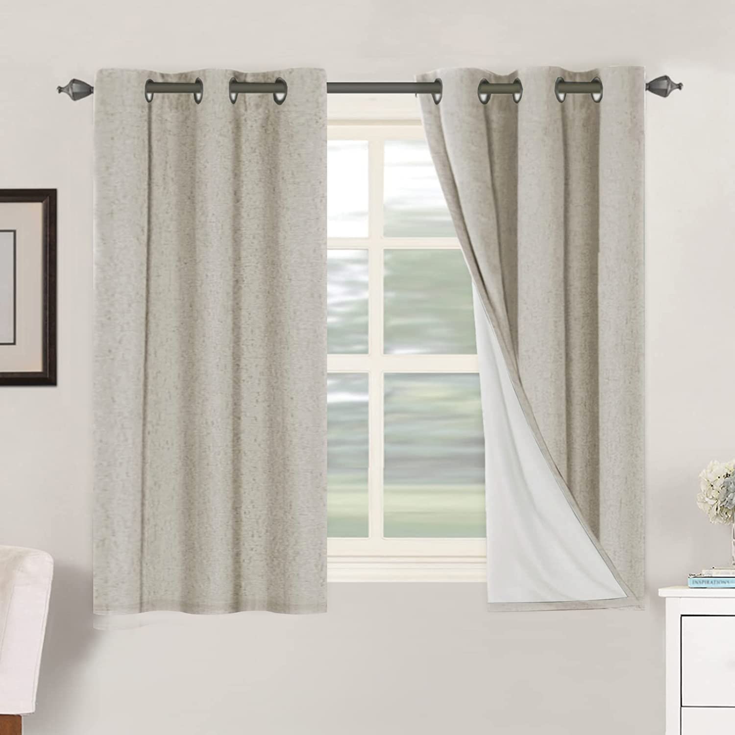 H.VERSAILTEX Primitive Linen Curtains 100% Blackout Curtain Drapes Burlap Fabric Curtains with White Thermal Insulated Liner, Grommet Top Drapes Living Room/Bedroom (2 Panels, 42 x 45 Inch, Stone)