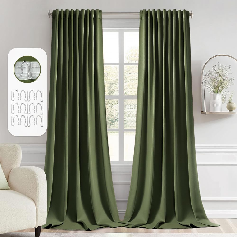 MIULEE Olive Green Back Tab Blackout Curtains 52x108 Inch Long 2 Panels Set