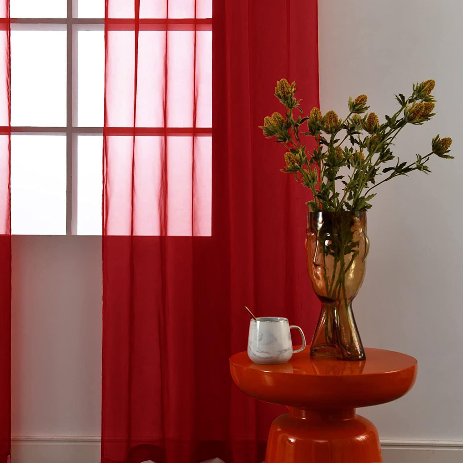 SpaceDresser Christmas Red Sheer Curtains 4 Panels Rod Pocket Semi-Sheer Curtain 90 Inches Long Light Filtering Voile Window Drapes for Bedroom Living Room Kitchen, Each 52W x 90L