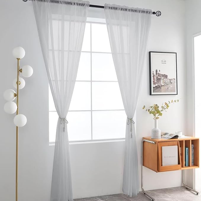 SpaceDresser Basic Rod Pocket Sheer Voile Window Curtain Panels Silver Grey 1 Pair 2 Panels 52 Width 108 Inch Long for Kitchen Bedroom Children Living Room Yard（Silver Grey, 52W x 108L）
