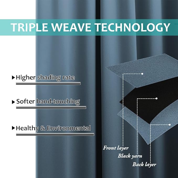 NICETOWN 100% Blackout Curtains with Black Liners, Smoky Blue, 2 Panels, 52-inch W by 63-inch L, Thermal Insulated Full Blackout 2-Layer Lined Drapes, Energy Efficiency Window Draperies for Bedroom