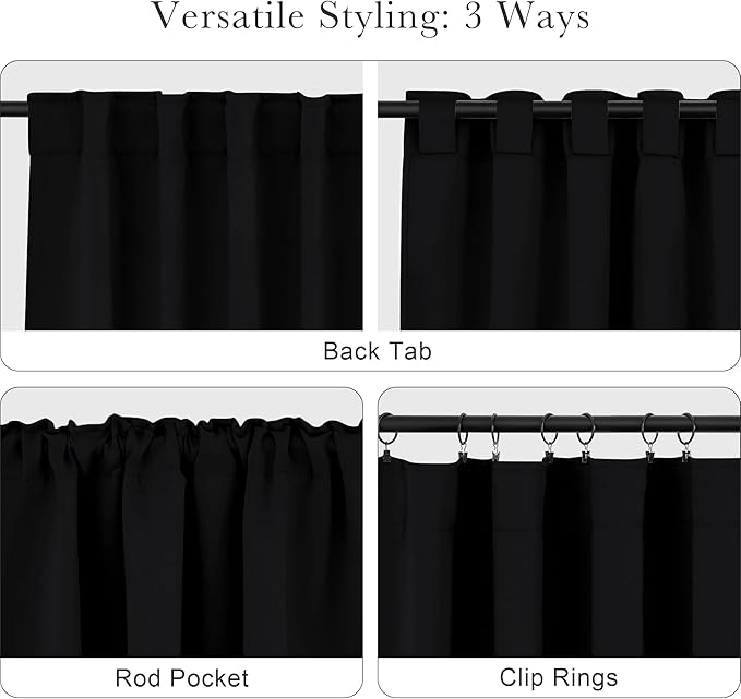 PONY DANCE Black Out Window Curtains - Thermal Blackout Curtain Drapes Set Shades Back Tab & Rod Pocket Panels Privacy Protect for Living Room, 42-inch Wide by 72-inch Long, Black, 2 Pieces