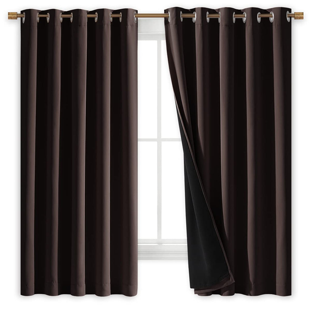 NICETOWN 100% Blackout Lined Curtains, Brown, 1 Pair, 62" Width x 63" Length Each Panel, 2 Thick Layers Completely Blackout Window Treatment Thermal Insulated Drapes for Kitchen/Bedroom