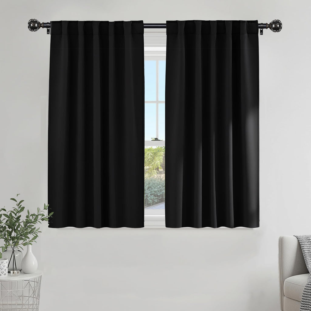 PONY DANCE Nursery Blackout Curtains - Thermal Insulated Panels Set Window Hidden Tab/Rod Pocket Light Blocking Curtain Drapes for Bedroom, 42-inch Wide by 54-inch Long, Black, 2 Pieces
