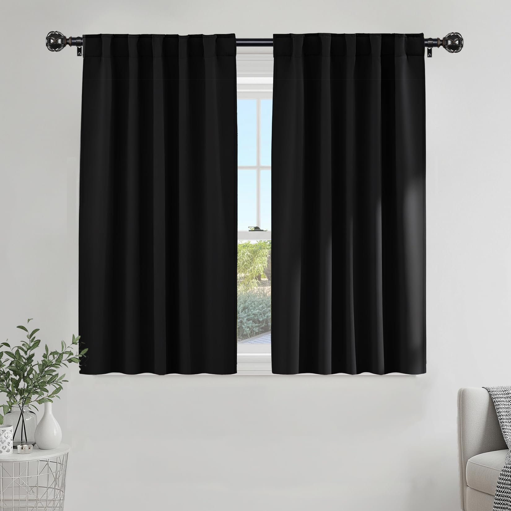 PONY DANCE Nursery Blackout Curtains - Thermal Insulated Panels Set Window Hidden Tab/Rod Pocket Light Blocking Curtain Drapes for Bedroom, 42-inch Wide by 54-inch Long, Black, 2 Pieces