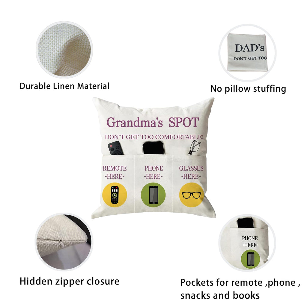 ONFAON Grandma Gifts, Grandma's Spot Throw Pillow Covers 18x18 Inch,Put Phone Glasses and Remote Control Pillowcase,Birthday Christmas Thanksgiving Day Gifts for Grandma Mom,3-Pocket