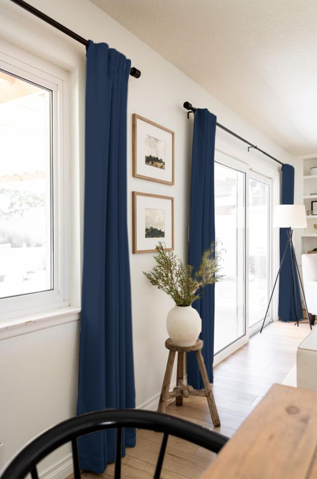 Faux Linen Total Blackout Curtains for Bedroom 90 Inch Long Midnight Blue
