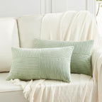 Fancy Homi 2 Packs Sage Green Lumbar Decorative Throw Pillow Covers 16x32 Inch for Living Room Couch Bed, Rustic Farmhouse Boho Home Decor, Soft Striped Corduroy Rectangle Accent Cushion Case 40x80 cm