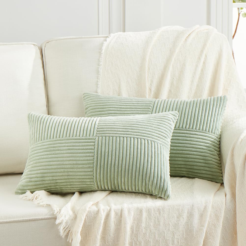 Fancy Homi 2 Packs Teal Lumbar Decorative Throw Pillow Covers 20x28 Inch for Living Room Couch Bed Sofa, Rustic Farmhouse Boho Home Decor, Soft Striped Corduroy Rectangle Accent Cushion Case 50x70 cm
