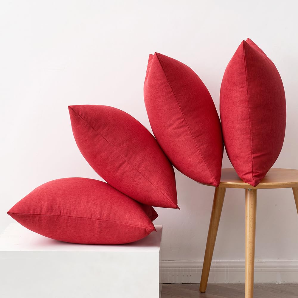 MIULEE Pack of 4 Decorative Outdoor Throw Pillow Covers Linen Waterproof Pillow Covers Summer Farmhouse Cushion Cases for Patio Garden Tent Balcony Couch Sofa 18x18 Inch Red