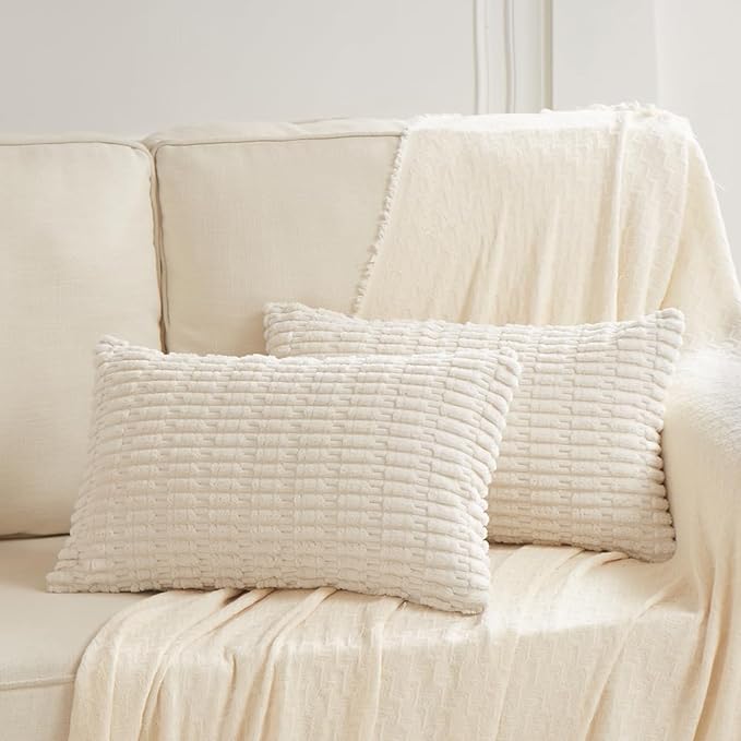 Fancy Homi 4 Packs Boho Cream Decorative Throw Pillow Covers 14x24 Inch for Living Room Couch Bed Sofa, Rustic Modern Farmhouse Home Decor, Soft Plush Corduroy Beige Cute Square Cushion Case 35x60 cm