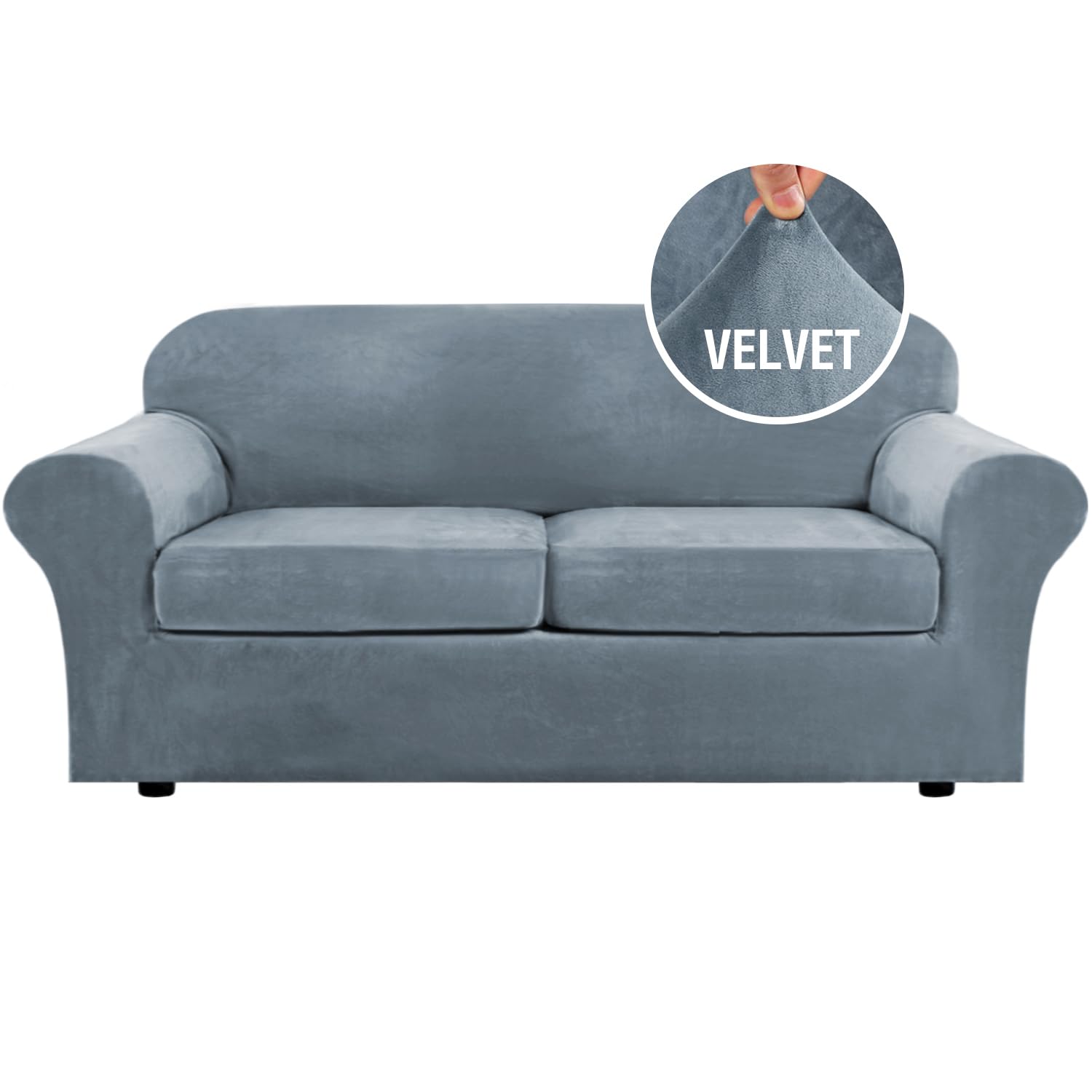H.VERSAILTEX Real Velvet Plush 3 Piece Stretch Sofa Covers Couch Covers for 2 Cushion Couch Sofa Slipcovers Width Up to 90 Inch Feature Thick Soft Stay in Place (Large Sofa, Stone Blue)