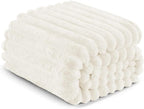 Exclusivo Mezcla King Size Flannel Fleece Blanket, Super Soft Striped Jacquard Bed Blanket, Lightweight Fuzzy Cozy for All Seasons, 90x104 Inches, Ivory