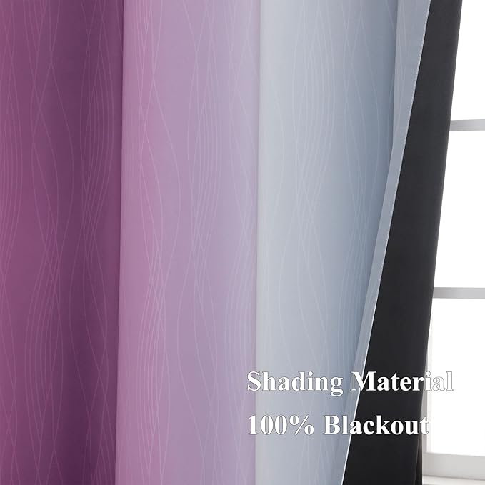 Ombre Purple and Gray Blackout Curtains 63 Inch Length 2 panels, Full Room Darkening Grommet Thermal Insulated Gradient Drapes for Girls Room, Full Light Blocking Curtains for Bedroom, 52x63 Inch