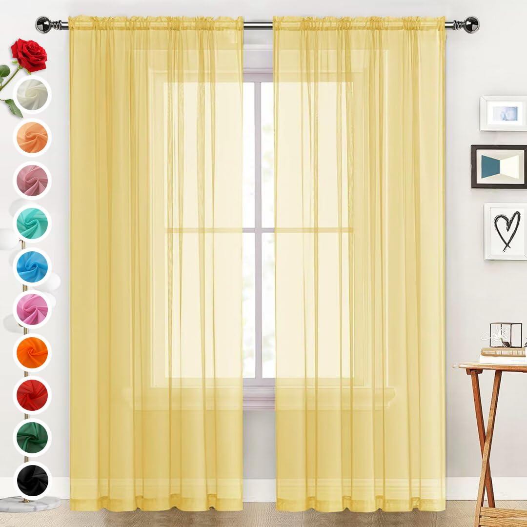 SpaceDresser Sheer Voile Window Treatment Rod Pocket Curtain Panels for Kitchen Bedroom Living Room Drapes Sunlight Filtering Privacy Semi Home Decor Assorted Colors Sizes (Yellow, 52 W x 72 L)