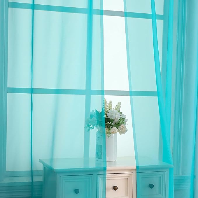 Aiyufeng Turquoise Sheer Curtains 84 Inches Long 2 Panels Set, Light Filtering Soft Airy Voile Rod Pocket Turquoise Sheer Window Drapes for Bedroom Living Room, Each 40Wx84L Inches