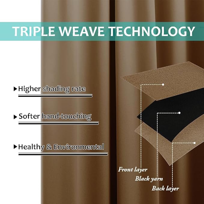 NICETOWN 100% Blackout Window Curtain Panels, Gold Brown, 2 Pieces, 52-inch Wide Per Panel, Full Light Blocking Drapes with Black Liner for Nursery, 72-inch Drop Thermal Insulated Draperies