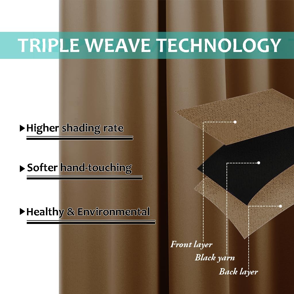 NICETOWN 100% Blackout Window Curtain Panels, Gold Brown, 2 Pieces, 52-inch Wide Per Panel, Full Light Blocking Drapes with Black Liner for Nursery, 72-inch Drop Thermal Insulated Draperies