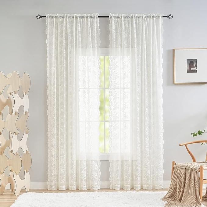 YJ YANJUN Vintage Lace Curtains 120 Inches Long-Antique Floral Ivory Privacy High Ceiling Sheer Curtain Panels for Dining Room, Patio Door, Large Windows - Rod Pocket 52x120 10 FT Tall Cream