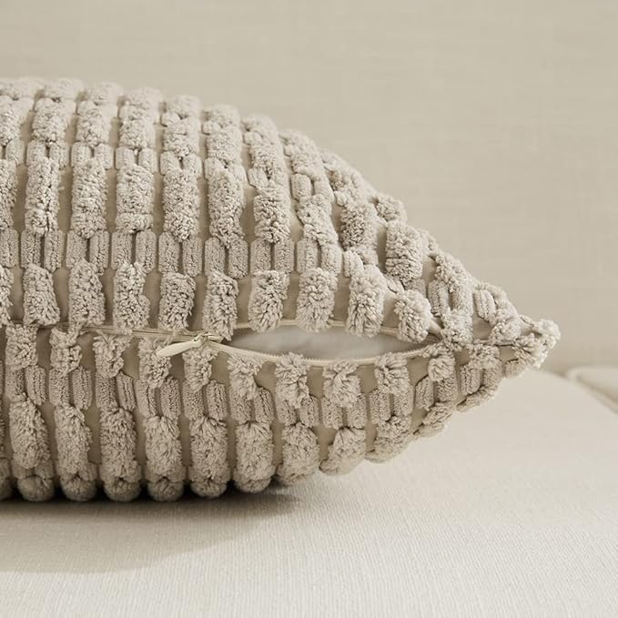 Fancy Homi Set of 4 Grey and White Lumbar Rectangle Decorative Throw Pillow Covers 14x24 Inch for Couch Bed Chair, Farmhouse Boho Room Decor, Soft Fuzzy Thick Corduroy Textured Cushion Case 35x60cm