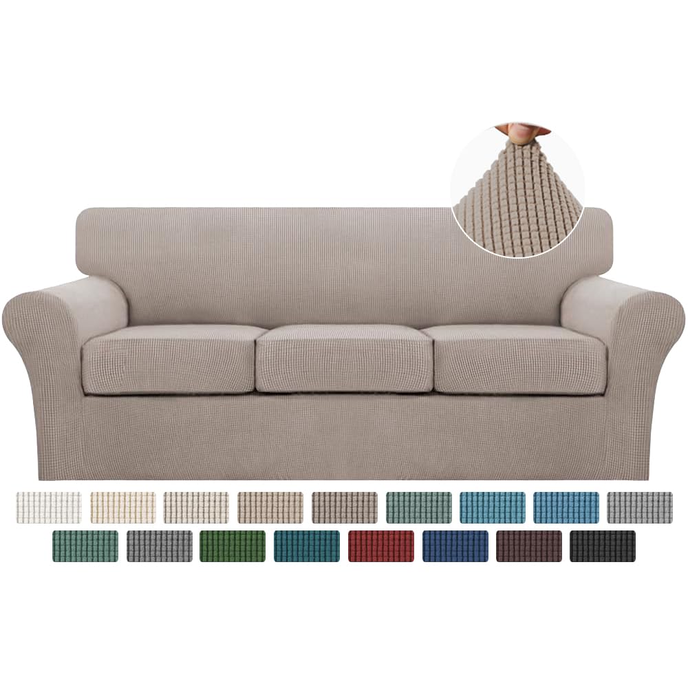 Turquoize 4 Piece Sofa Slipcover Sofa Covers for 3 Cushion Couch Soft Couch Cover for Dogs-Washable Sofa Furniture Covers with 3 Individual Cushion Covers,Feature Jacquard Fabric(3 Cushion Sofa, Sand)