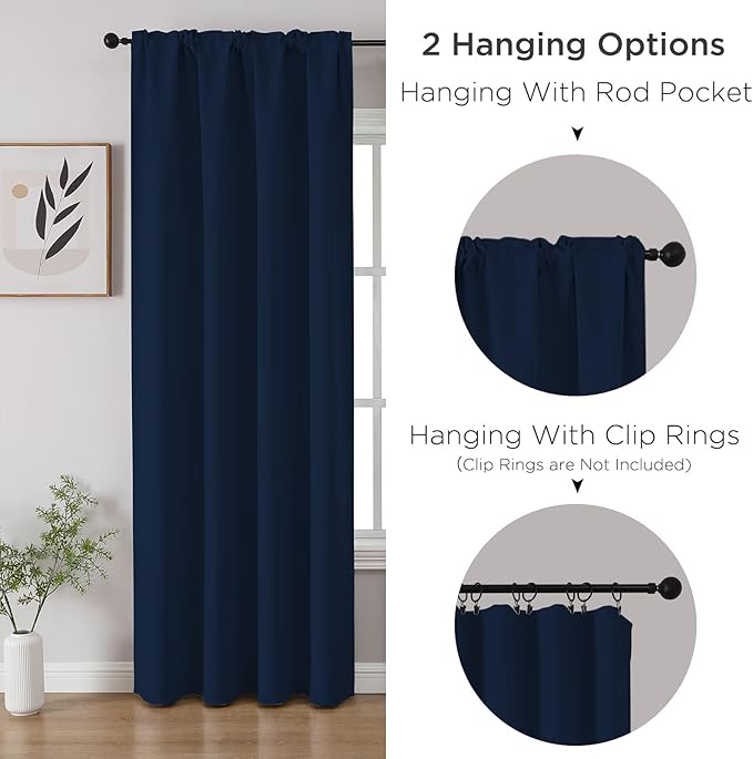 CUCRAF Navy Blue Blackout Curtains 63 inch Length 2 Panels Set, Rod Pocket Room Darkening Drapes for Bedroom Living Room, Insulated Thermal Light Blocking Window Curtain (W52 x L63 Inch)