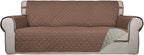 PureFit Reversible Quilted Sofa Cover, Water Resistant Slipcover Furniture Protector, Washable Couch Cover with Non Slip Foam and Elastic Straps for Kids, Dogs, Pets (Large, Brown/Beige)