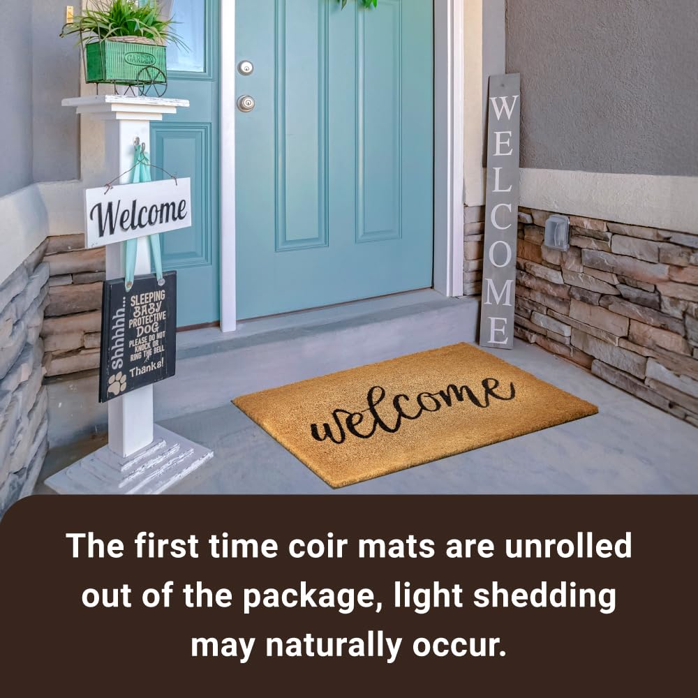 KANKUN Coco Coir Door Mat with Heavy Duty Backing, Welcome Doormat (17" x 30"), Doormat Entrance (Welcome3)