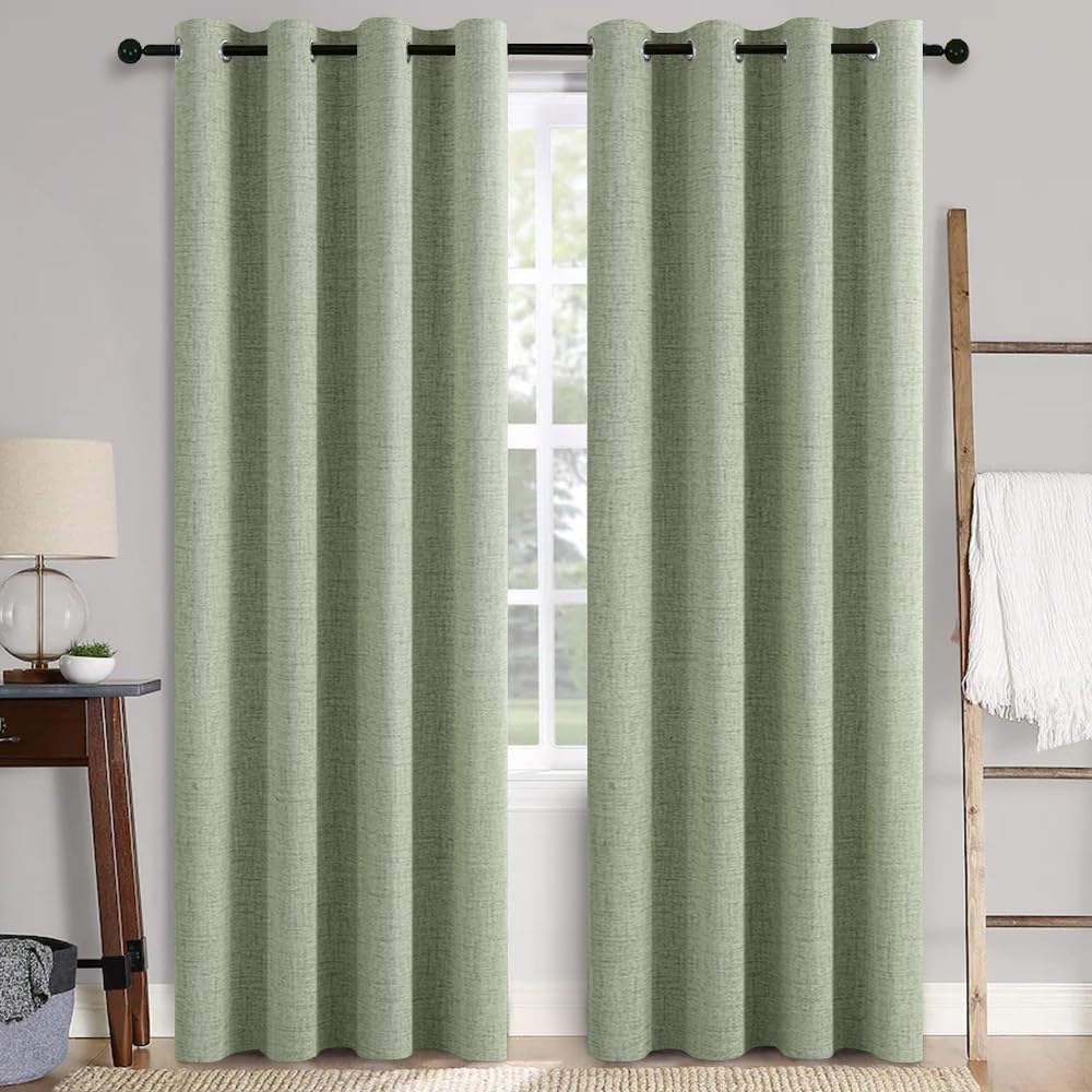 MIULEE 100% Blackout Linen Curtains for Bedroom 52x96 Inches Sage Green
