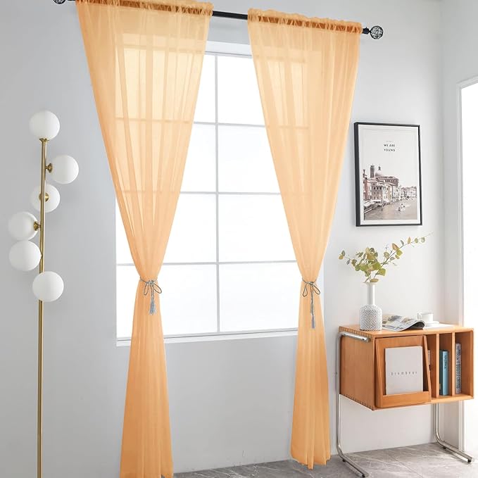 SpaceDresser Sheer Voile Window Treatment Rod Pocket Curtain Panels for Kitchen Bedroom Living Room Drapes Sunlight Filtering Privacy Semi Home Decor Assorted Colors Sizes (Beige, 52 W x 108 L)