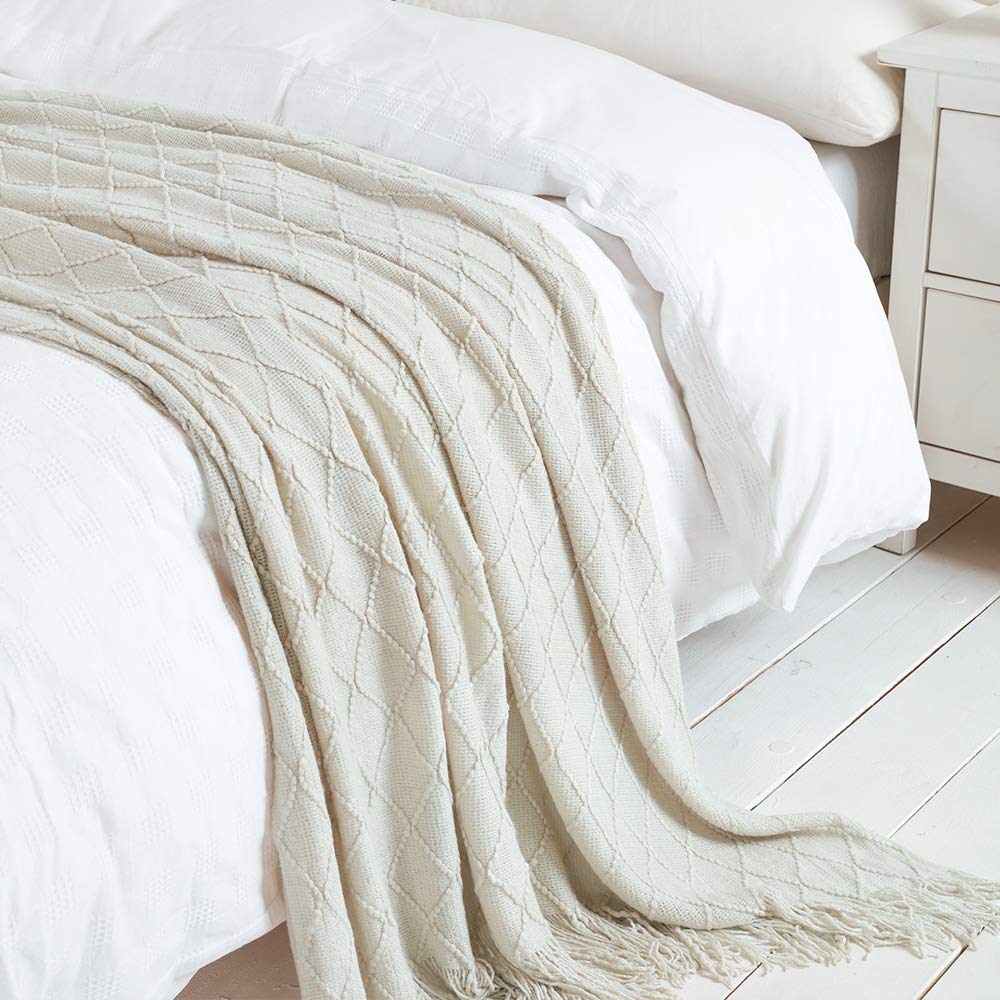 BOURINA Beige Throw Blanket 60x80 Inch Boho Knitted Soft Throw Sofa Blanket