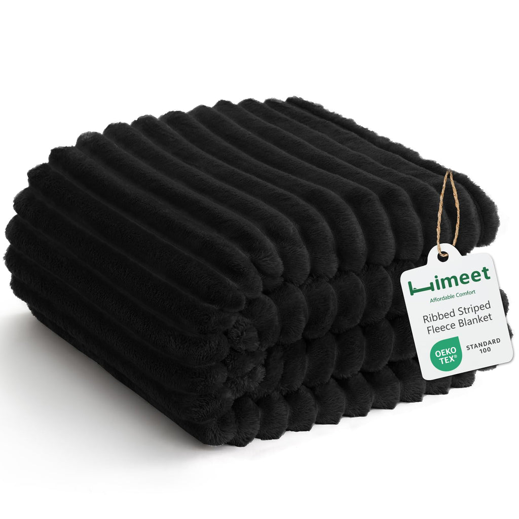 HIMEET Black King Size Blanket for Bed, 300GSM Ribbed Fleece, 108 x 90 in