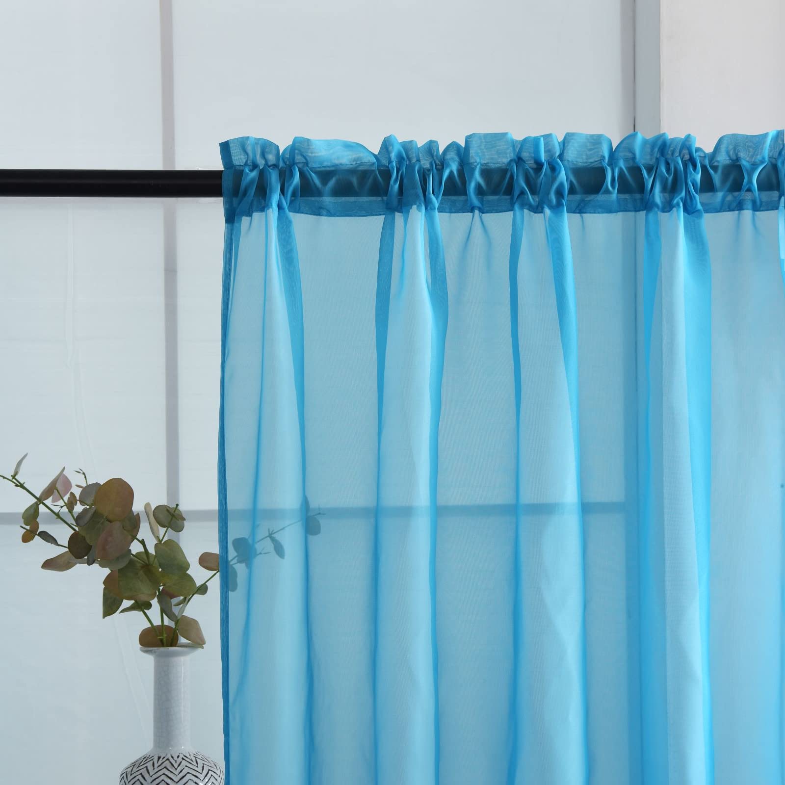SpaceDresser Sheer Voile Window Treatment Rod Pocket Curtain Panels for Kitchen Bedroom Living Room Drapes Sunlight Filtering Privacy Semi Home Decor Assorted Colors Sizes (Cyan Blue, 52 W x 54 L)