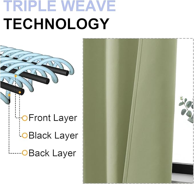 Simplebrand Sage Green Blackout Curtains for Bedroom 102 Inches Long 2 Panels, Solid Thermal Insulated, Energy Saving Living Room Window Treatment Curtains Blackout Drapes, W50 x L102 Inch, Sage Green