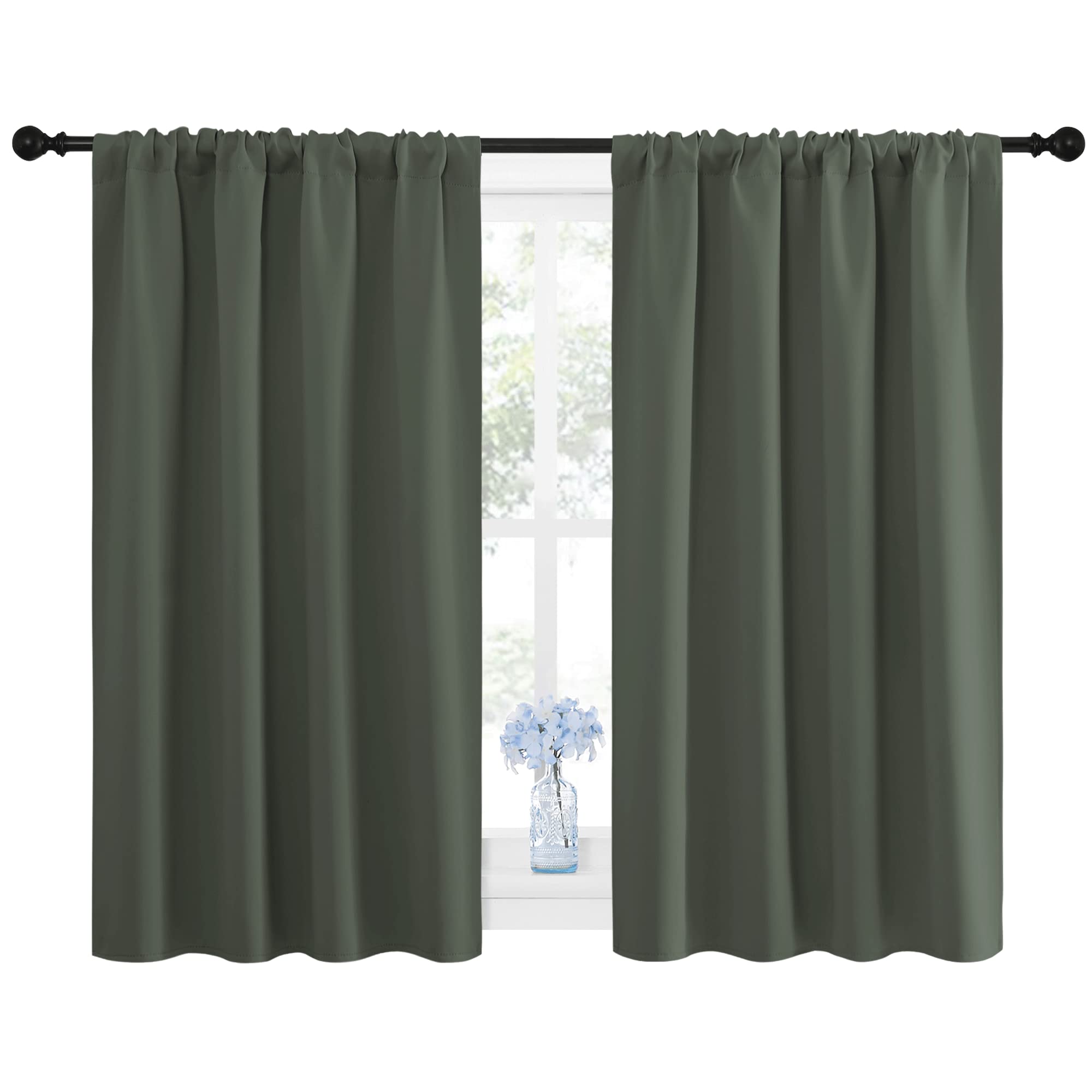 NICETOWN Bedroom Curtains Blackout Draperies - All Season Thermal Insulated Solid Rod Pocket Top Blackout Curtains/Drapes for Kid's Room (Dark Mallard, 1 Pair, 42 x 45 Inch)