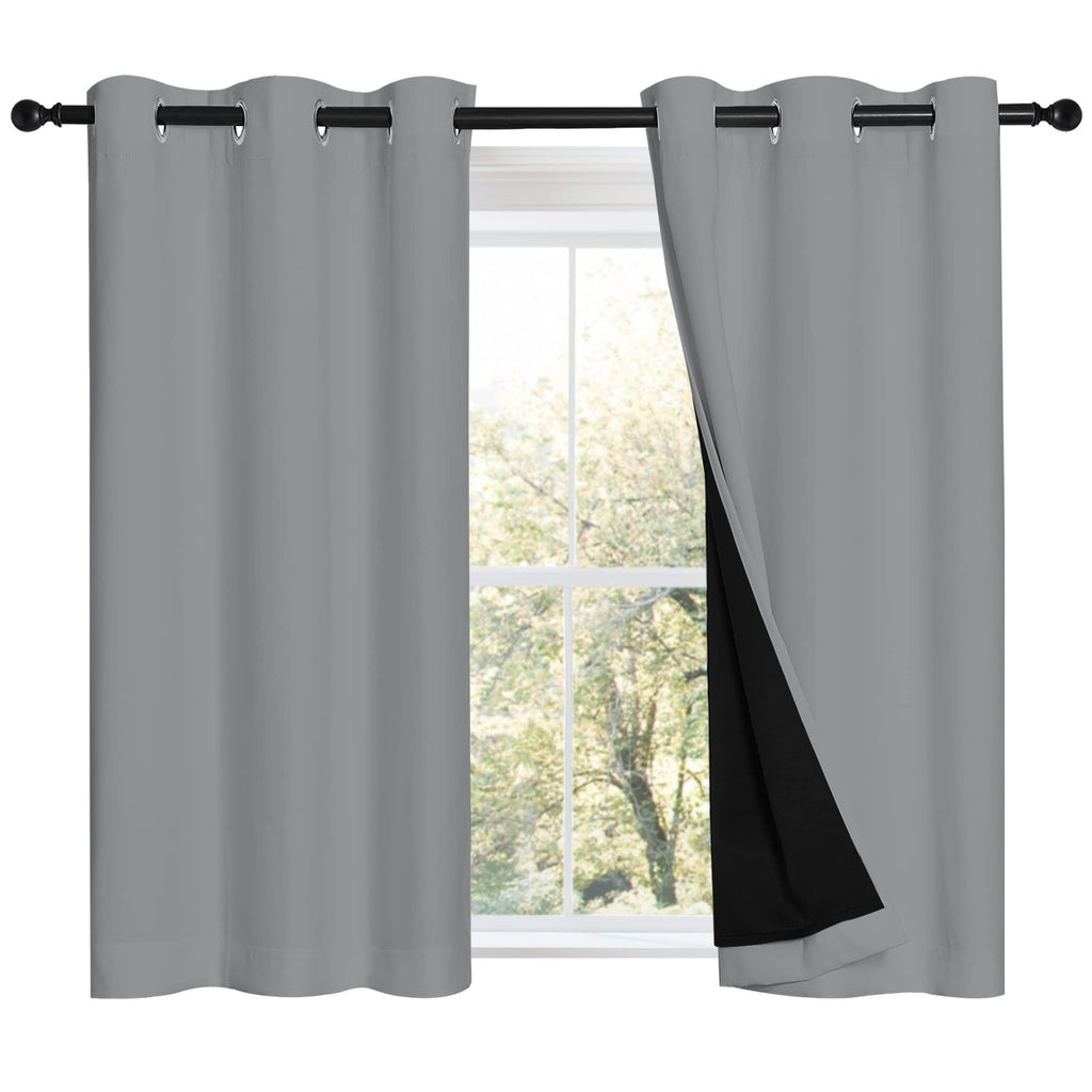 NICETOWN Silver Grey 100% Blackout Curtains with Black Liners, Thermal Insulated Full Blackout 2-Layer Curtains, Energy Efficiency Window Draperies for Dining Room (2 Panels, 42-inch W by 45-inch L)
