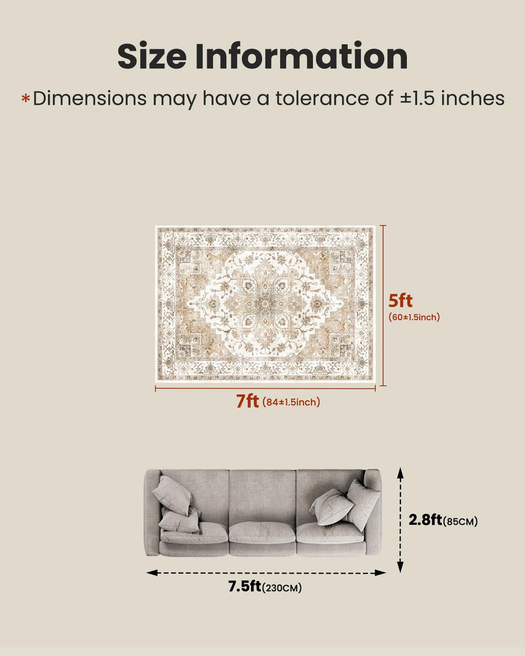 AMADA HOMEFURNISHING 5x7 Area Rugs, Washable Living Room Rug Low-Profile with Non-Slip Backing & Durable Edge Binding, Vintage 5x7 Rugs for Living Room, Bedroom, Dinning Room