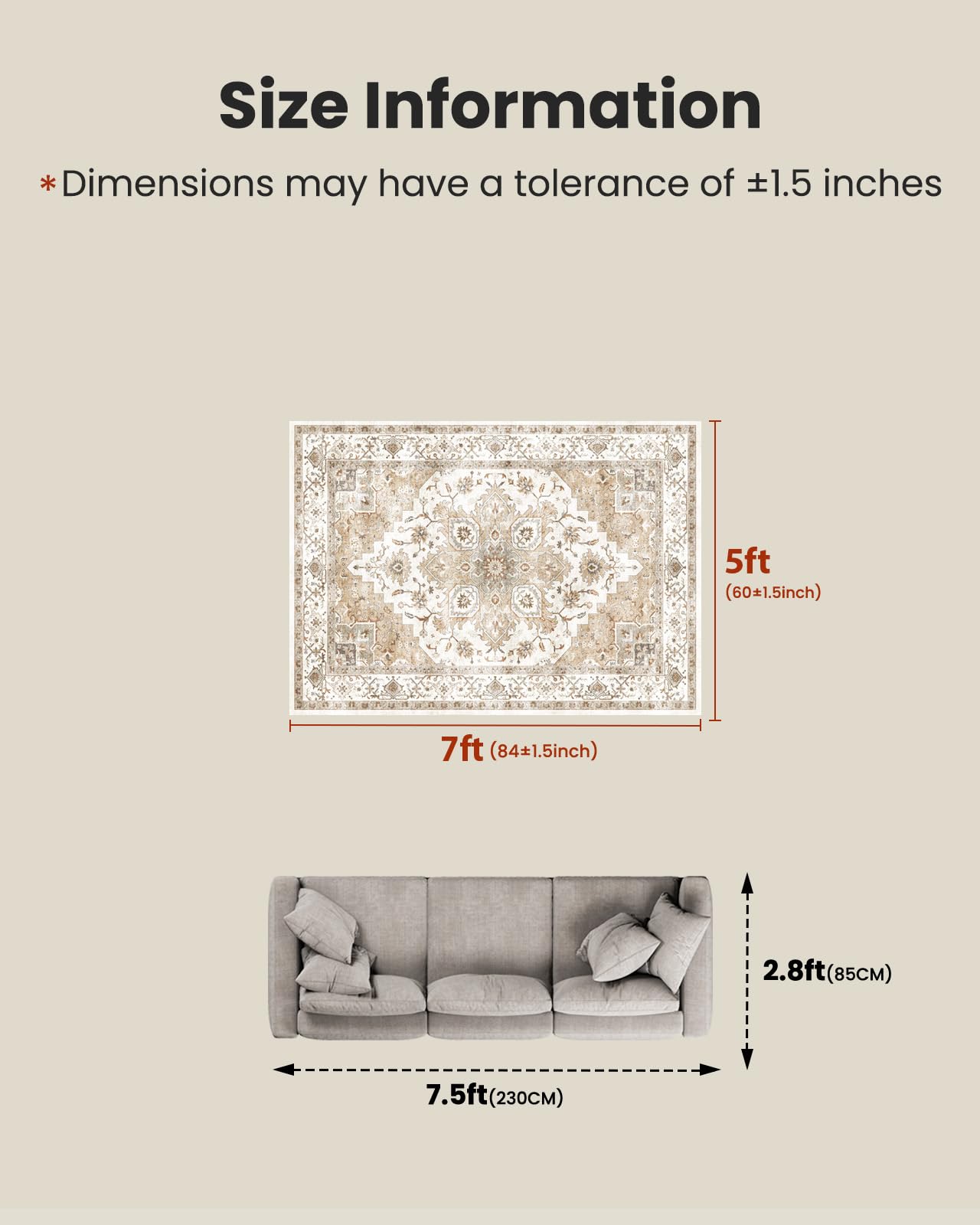 AMADA HOMEFURNISHING 5x7 Area Rugs, Washable Living Room Rug Low-Profile with Non-Slip Backing & Durable Edge Binding, Vintage 5x7 Rugs for Living Room, Bedroom, Dinning Room